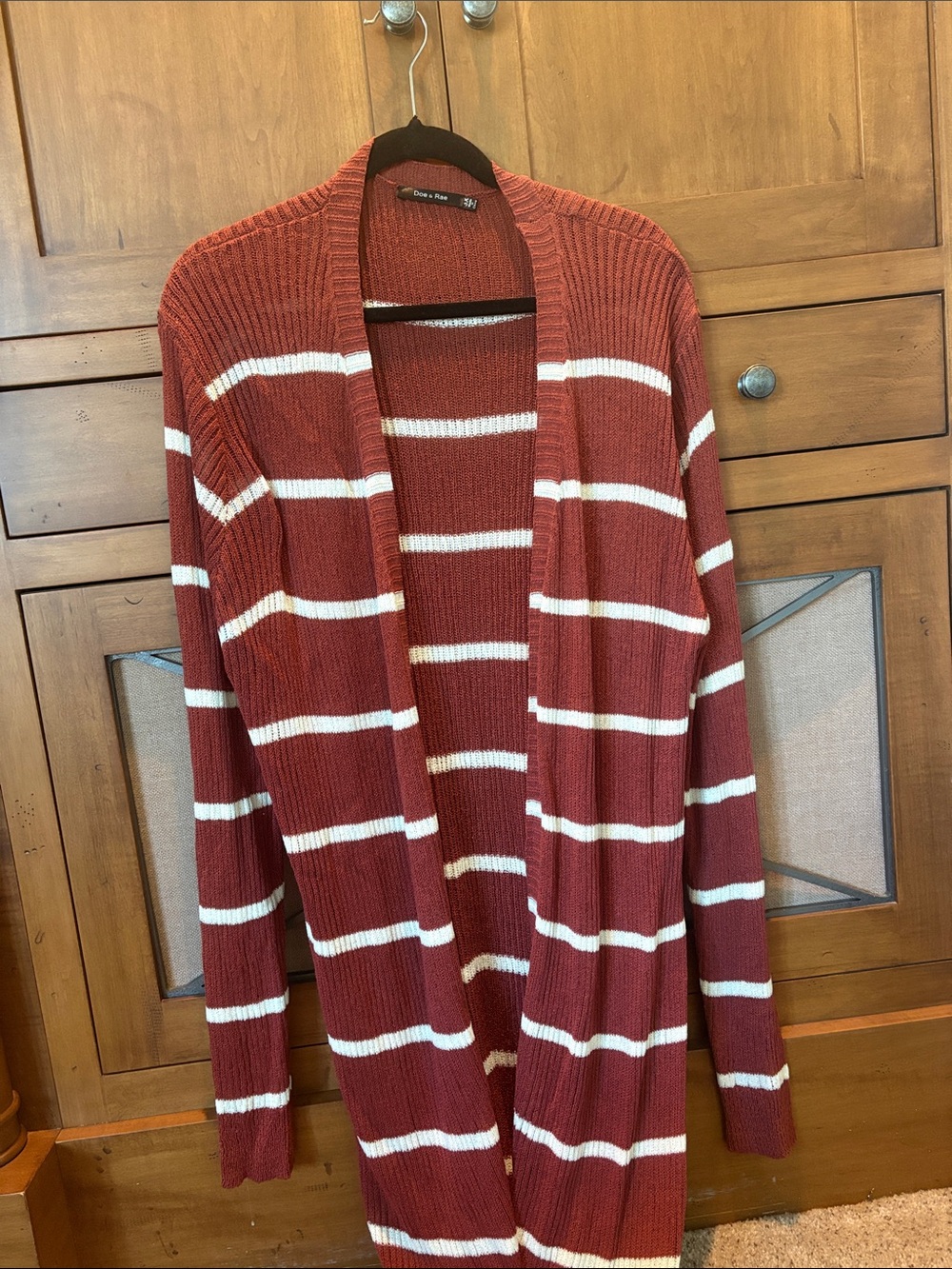 Doe & Rae Rust and White Striped Open-Front Cardigan